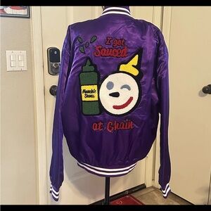 CHAIN x Jack In The Box I Got Sauced Purple Chenille Bomber Jacket Sz XL Rare